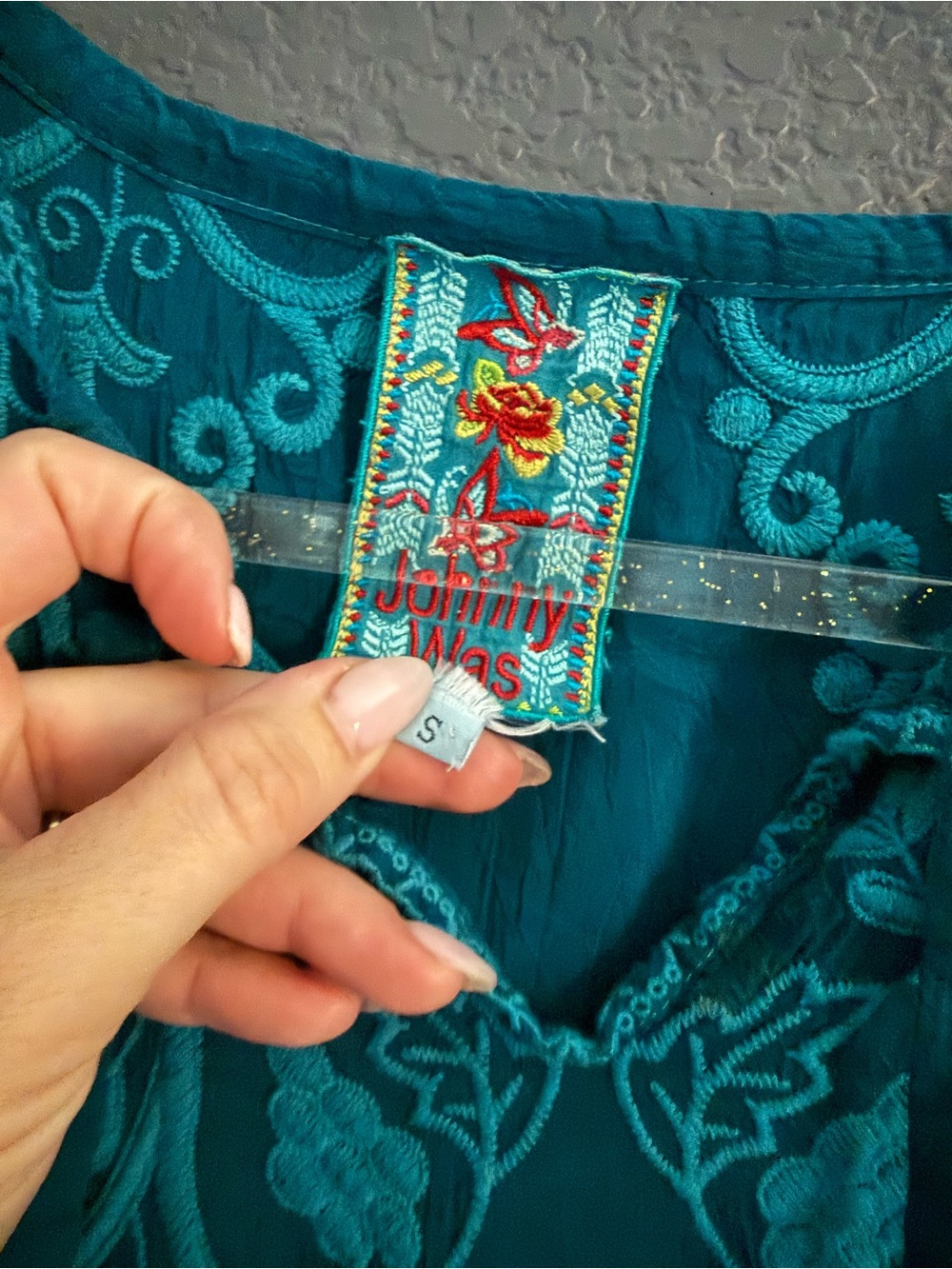 JOHNNY WAS • Embroidered Teal emerald Bohemian Tunic Top - Small - Picture 2 of 5